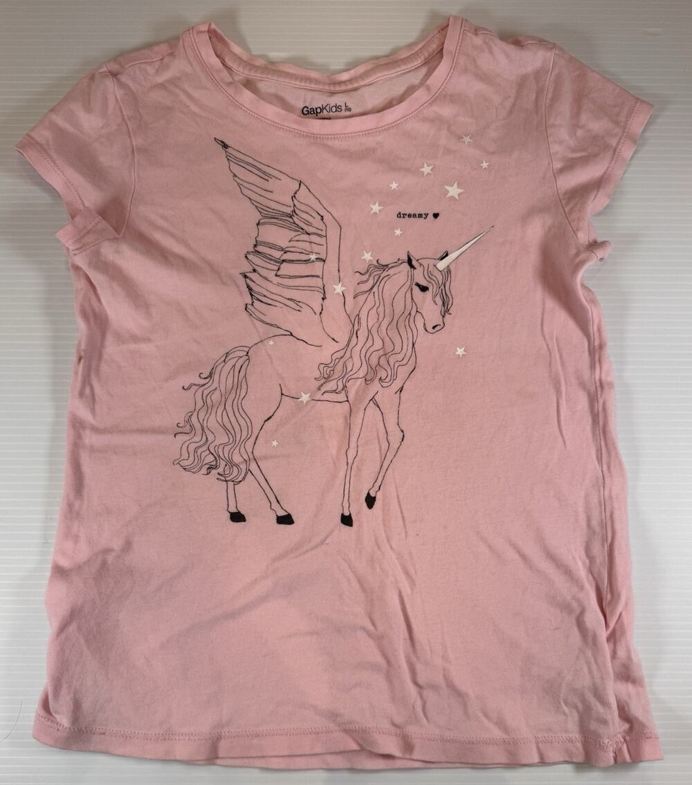 Gap Kids Girls Size Large 10 Pink Pegasus Unicorn Winged Glitter T-Shirt Tee